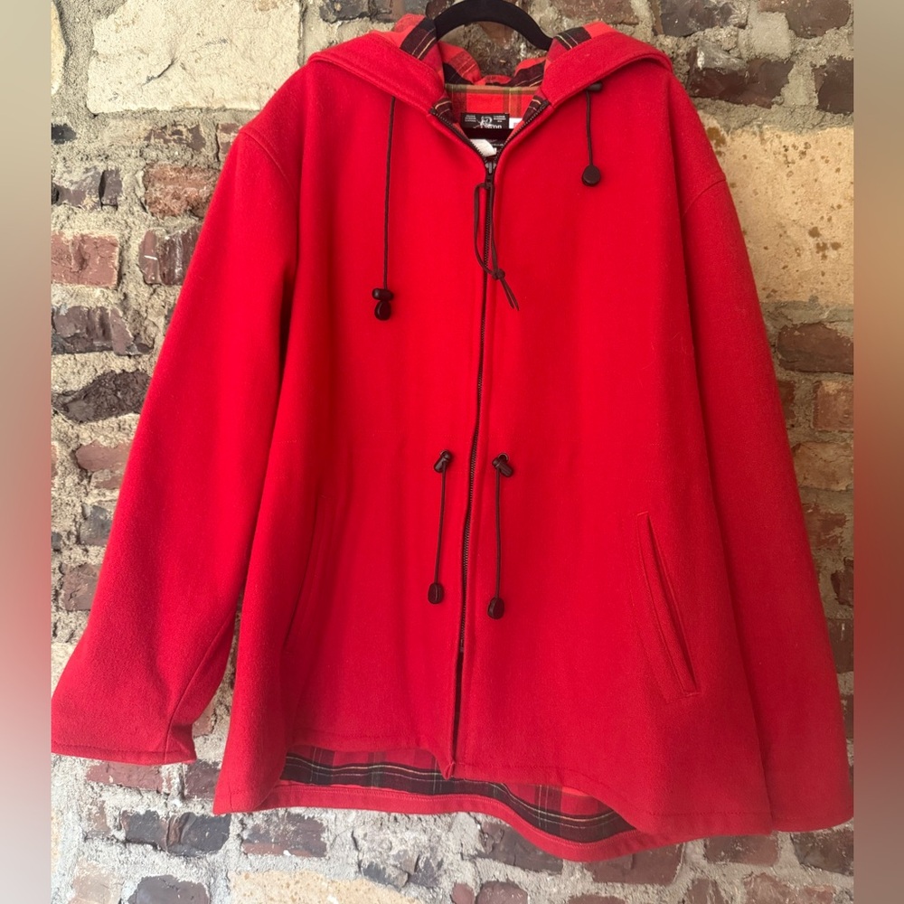 Johnson Woolen Mills Men’s Red Wool Anorak Coat w/ Plaid Lining